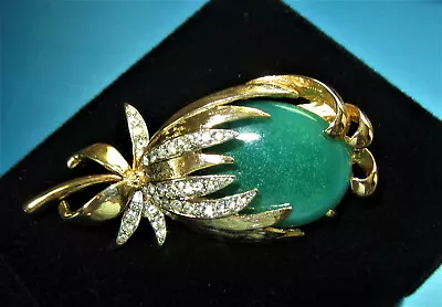 Vintage Modernist Faux Jade Glass Gold Plate Clr Rhinestone Flower Brooch Mc0 • $79.99