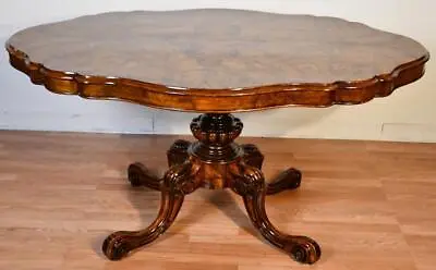 1860 Antique Victorian Burl Walnut Book-match Tilt Top Dining Table Center Table • $4750