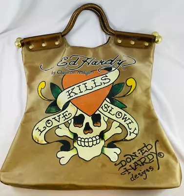 DON ED HARDY DESIGNS  Love Kills Slowly  Heart Skull Gold Copper Handle Tote Bag • $18