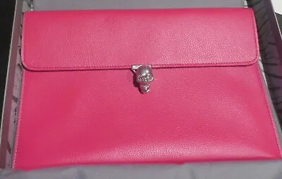 $680 • Buy Authentic Alexander McQueen Leather Envelope Clutch Bag Crystal Skull Dark Pink