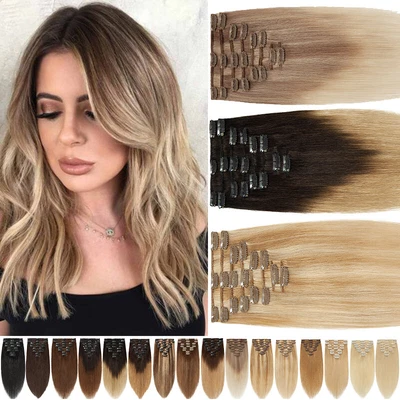 £42.31 • Buy Clip In Hair Extensions Russian/ Remy European HUman Hair 8 Pieces Mix Colour UK
