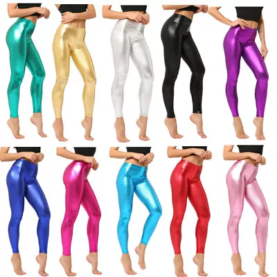 Sexy Women Metallic Faux Leather Leggings Wet Look Shiny Pants Trousers Clubwear • $11.27