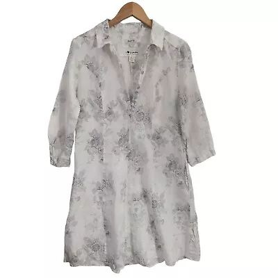 Malvin Linen Tunic Dress Womens L White Gray Floral 3/4 Sleeve Pockets • $34.99