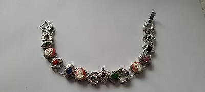 VintageCameo Sliding Bracelet With Gemstones Silver Tone Excellent Piece  • £28.38