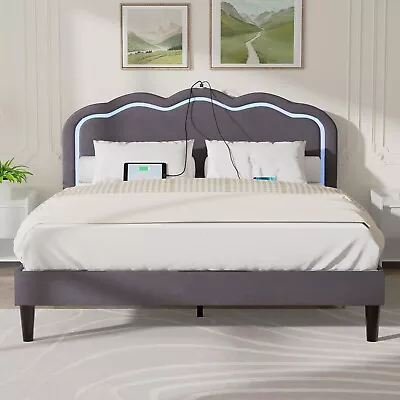 Queen Full Twin Size Bed Frame LED Light Charging Station Headboard Platform • $179.99