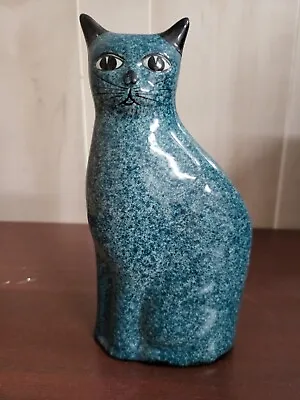 Vintage Enesco Blue Speckle Spongeware Ceramic Cat Figurine Statue 9 H #4288 • $25