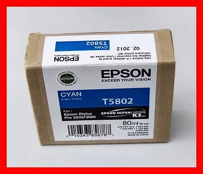 01-2018 NIB Genuine Epson Pro 3800 3880 Cyan K3 Ink T5802 T580200 • $37.89