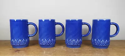 Set Of 4 Tall Holkham Pottery Mugs In Blue With Leaf Design • £28