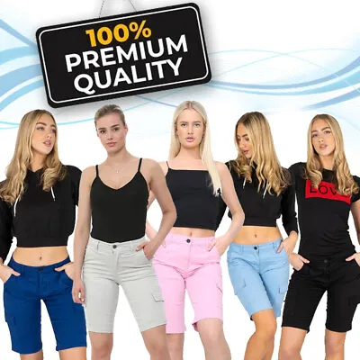 Womens Ladies Cotton Knee Length Summer Combat Chino Cargo Casual Pant Shorts • £12.99