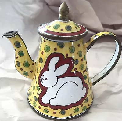 Vintage Enameled Miniature Tea Pot / Kettle * Bunny Rabbit Collectible • $28