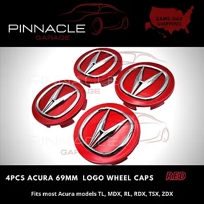 ACURA SET OF 4 Red & Chrome 69MM / 2.71  Wheel Rim Center Hub Caps RL MDX TLX • $19.95