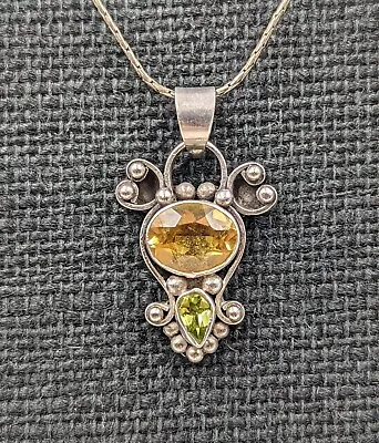 Vtg Sterling Silver Citrine & Peridot Pebbled Swirls Pendant 18  Chain Necklace  • $41.39