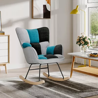 Patchwork Fabric Wingback Rocking Chair For Nursing W/ Metal Frame &Wooden Base • £119.95