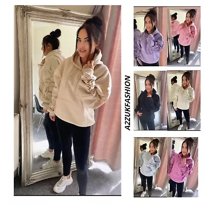 Womens Ruched Sleeve Fleece Top Jumper Ladies Oversized Hooded Sweatshirt Hoodie • £19.99