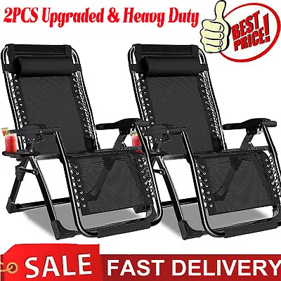 2x Zero Gravity Chair Sun Lounger Outdoor Garden Folding Reclining Beach Chairs • £11.89