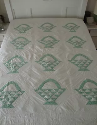 Vintage/Antique Light Green FLOWER BASKET Applique Quilt (71 X 87 Inches) • $125