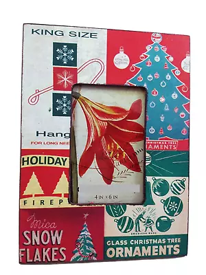 Christmas Photo Frame Holds 4x6  Retro Ornaments Mica Snow Flakes Ornament Hooks • $18.99