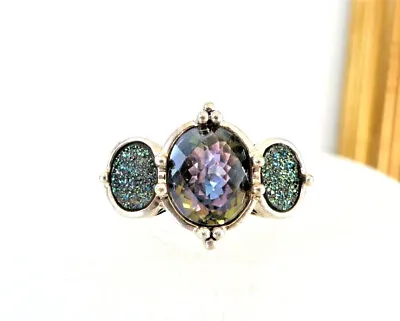 Big Sterling Silver 925 Mystic Green Rainbow Quartz 3 Stone Ring Size 8 • $54