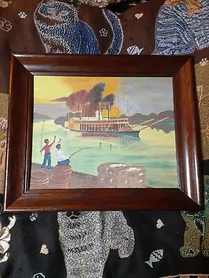 Original Vintage Painting Riverboat Landscape Large Signed Art Framed 1964 Boat • $175