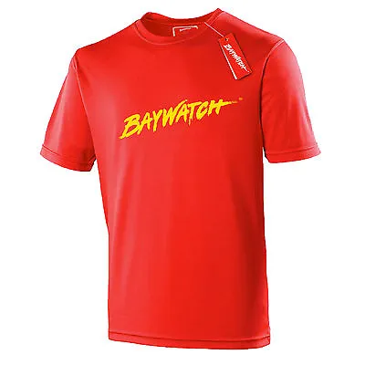 Licensed Baywatch ® Red Cooltex T-shirt - Sports Lifeguard Fancy Dress Mens Top • £14.33
