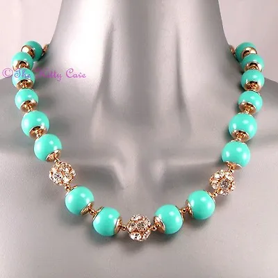 Mint Turquoise Chic Bubble Bead & Crystal Gold Toggle Collar Statement Necklace • $18.64