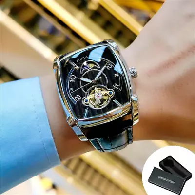 Tonneau Moon Phase Automatic Watch For Men Luxury Brand Tourbillon Skeleton Mech • $36.39