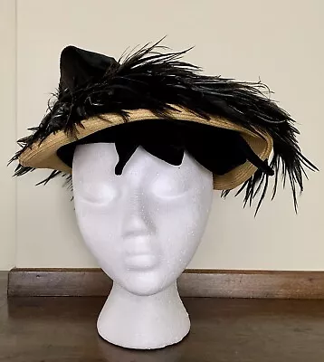 Vintage Hat 1960s Mr John Jr Womens Black Feathers & Velvet Bows Beret Hat • $39