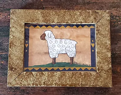 VINTAGE 1981 WATERCOLOR Sheep PA Folk Art PJ RANKIN HULTS Primitive SPONGE FRAME • $29.99