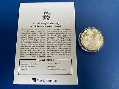 2007 Cook Islands Nelson $1 Silver Proof Coin :Horatio Nelson Aged 20 With COA • £27