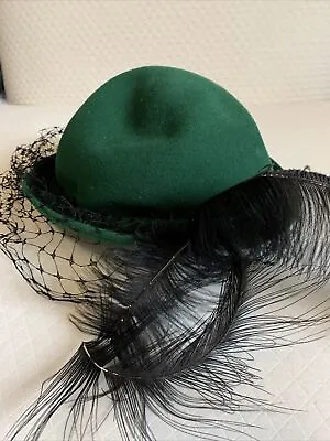 Vintage Hat Meier And Frank Portland OR Green Felt Netting Feather 30’s 40’s • $23.99