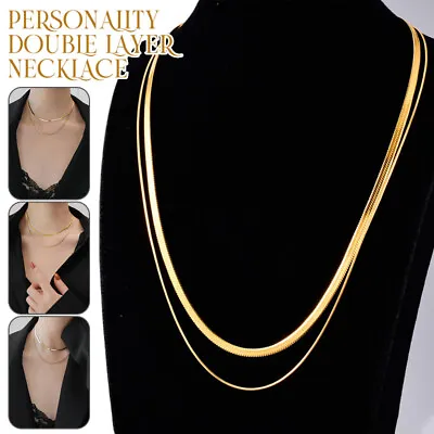£5.99 • Buy 18K Gold Plated Titanium Steel Double Layers Flat Snake Chain Woman Necklace