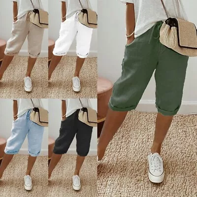 Women Bermuda Shorts Drawstring Knee Length Short Pants Ladies Solid Color Beach • £12.99