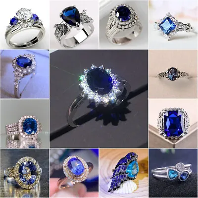 £3.18 • Buy Gorgeous 925 Silver Women Blue Sapphire Rings Wedding Engagement Jewelry Sz 6-10