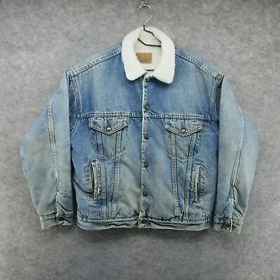 VTG Plain Pockets Jacket Mens Medium Blue Sherpa Lined Denim Trucker Grunge • $39.99