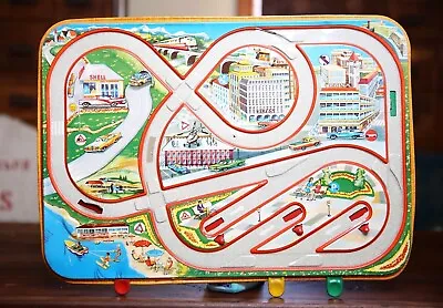 Vintage Tin Litho Toy Traffic Control Game Board Shell Gas Station Cars Boats • $149.54