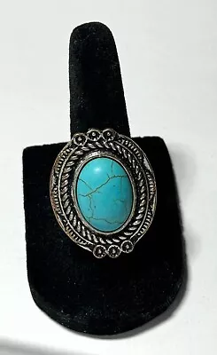 Paparazzi Vintage Silver Color Filigree Stretch Ring Oval Acrylic Turquoise  • $6.99