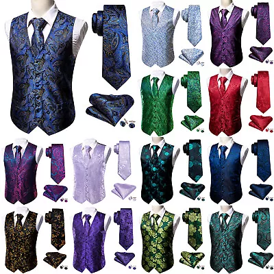 Mens Formal Wedding Waistcoat Floral Paisley Suit Vest Slim Tuxedo Silk Tie Set • $17.99