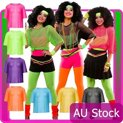 Ladies String Vest Mash Top 80s Costume Net Neon Punk Rocker Fishnet T Shirt • $11.58