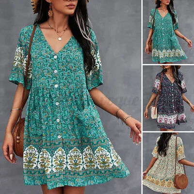 $20.89 • Buy ZANZEA Women Beach Holiday Floral A-Line Sundress Short Sleeve Loose Mini Dress
