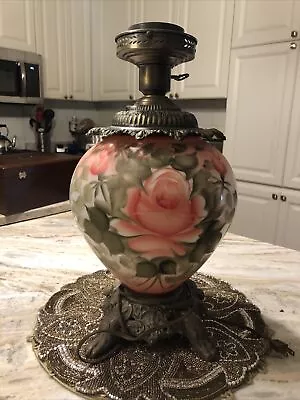 Beautiful Large Antique Hand Painted Floral Gone With The Wind Lamp No Shade • $65