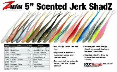 ZMan Scented Jerk ShadZ 5  Soft Plastic Fishing Lure - Choose Colour BRAND NEW @ • $11.99