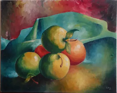 1950-1960s Still Life W Apples 16 X 20  Oil On Canvas Board  Painting By C.D.L. • $69.95