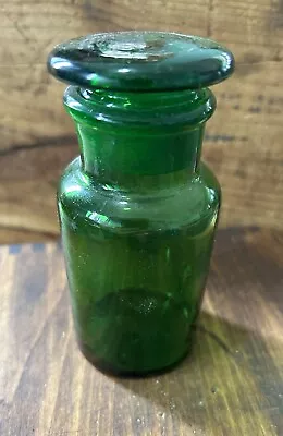 Antique Glass Apothecary Jar Bottle Emerald Green With Glass Stopper 4 1/2 X 2 • $10