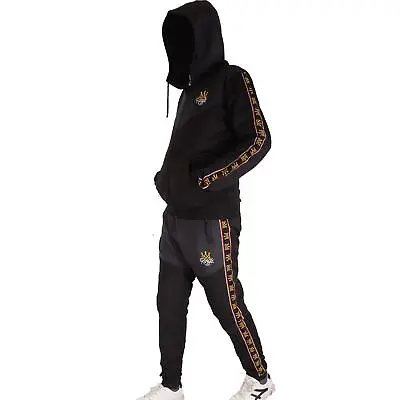 Mens Tracksuit Hooded Kings Crown Black & Charcoal Embroidered Jogging Suit • £24.99