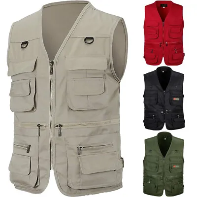 Mens Multi Pocket Vest Hunting Fishing Waistcoat Safari Body Warmer Gilet Jacket • £12.55