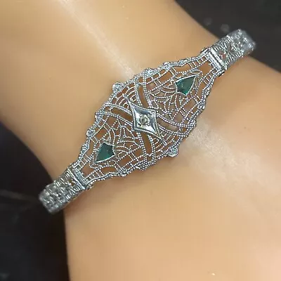 Unique Quality ￼Antique 14k Solid White Gold Diamond Filigree Art Deco Bracelet • $495