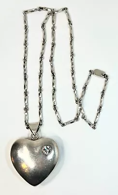 Vintage Taxco Mexico 132G Sterling Silver Chunky Heart Necklace W/ CZ Accent 33” • $26