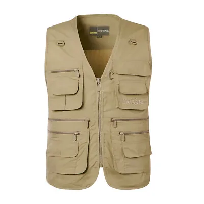 Men Oversized Multi Pockets Sleeveless Cargo Jacket Vest Outdoor Fishing Zip Top • $37.32