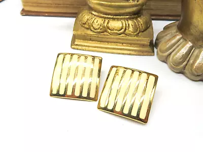 Vintage Signed Trifari Gold Tone Cream Enamel Stripe Square Clip On Earrings B21 • $16.99