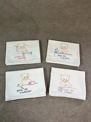 4 Vintage Tea Dish Towels XL Hand Embroidered Kitten Cat Days Week Chores • $44.99